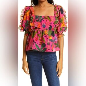 Farm Rio magenta pink Pop Leopards cotton cropped blouse size S